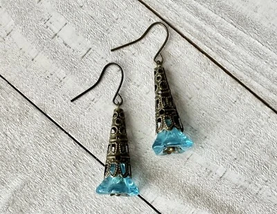 "Pendientes colgantes de bronce de filigrana con flores azules 2""" Foto 1 de 4