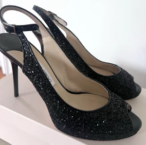 Jimmy Choo Coarse Glitter Sparkle Slingback Heels Black Peeptoe Sz 10 - Picture 1 of 9