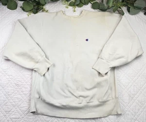 Maglione girocollo vintage Champion Reverse Weave Warmup bianco tinta unita taglia XL made in USA - Foto 1 di 16