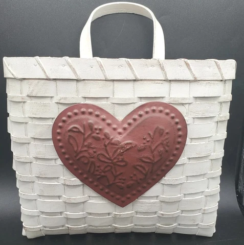 Wall Pocket Basket With Primitive Metallic Red Heart & Hanger 8x9.5 Sturdy Nice Cover