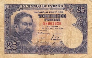 Spain  25  Pesetas   22.7.1954  Series  G  Circulated Banknote H 2 - Picture 1 of 2