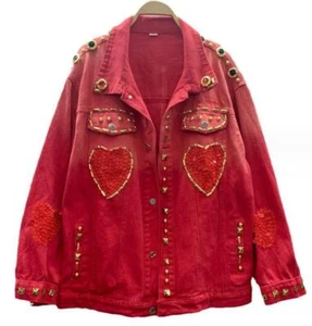 Women's Loose Fit Cotton Red Sequins Red Denim Coat Studded Punk Long Jacket New - Picture 1 of 10