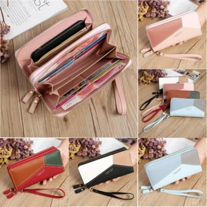 Women's Wallets Large Capacity Leather Double Zipper Phone Wristlet Handbag Bag - Picture 1 of 12