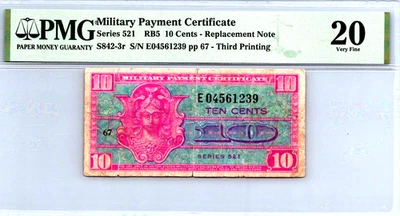 Series 521, 10 Cents "REPLACEMENT" 3rd Printing (MPC) PMG 20 VF Pick S842-3r - Image 1 of 4