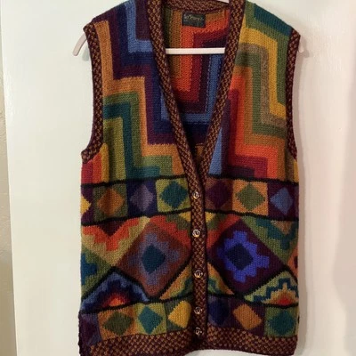 Baby Alpaca Sweater Vest Buttoned Geometric Abstract Colorful Peru Wool V Neck - Image 1 of 4