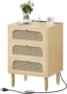Rattan Nightstand with Charging Station 19" W Nightstand with 3 Drawers - Image 1 of 4