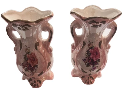 Jarrón vintage de cerámica Lusterware doble mango rosa y dorado con rosas rosadas 6" Foto 1 de 4