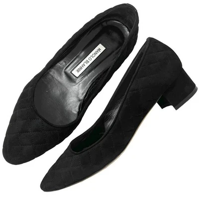 Manolo Blahnik Lisqui Quilted Suede Block Heel Pumps Black Size 39 US 9 — 第 1/4 张图片