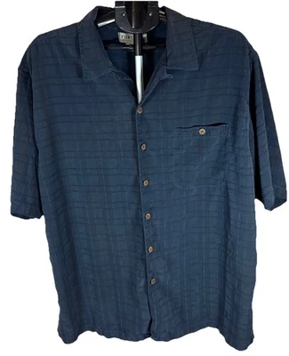 Vintage Porcini Men's Short-Sleeve 100% Silk Navy Blue Plaid Shirt Size XXL - Image 1 of 4