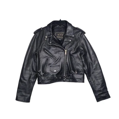 Chaqueta de cuero vintage años 70 AJL motociclista para mujer M/L negra con cinturón  Foto 1 de 4
