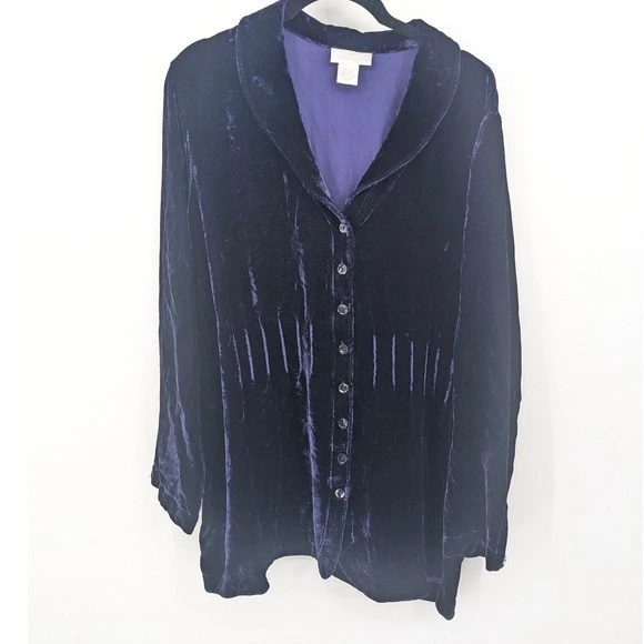 Blusa Top Soft Surroundings Mujer 1X Terciopelo Púrpura Botones Cordón Cintura Foto 1 de 4