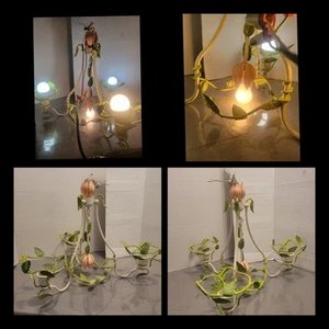 Vintage Tole Chandelier Light Fixture Floral Toleware Chandelier Painted 4 Light - Picture 1 of 18