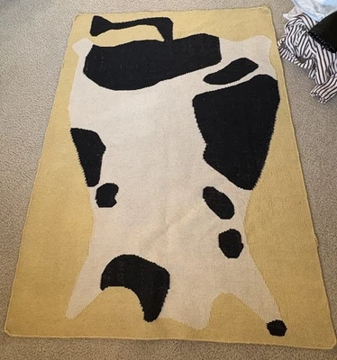 Cold Picnic Cow Print Yellow Flat Weave Hand Woven 100% Wool Rug 70x48.5 In - Image 1 of 4