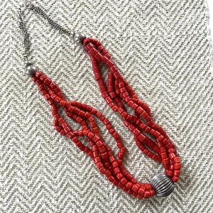 Vintage SouthWestern Sterling Silver & Red Coral Heshi Multi-strand Necklace 24" - Picture 1 of 12
