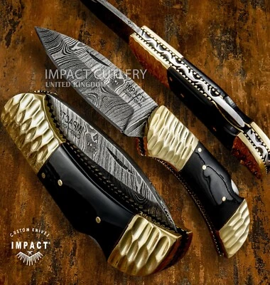 Impact Cutlery Custom Handmade Damascus Lockback Folding Knife EDC, Fileworks - Image 1 of 4