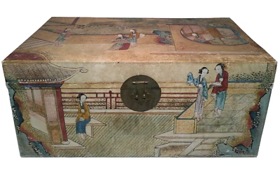 ESCASO ARMARIO CHINO ANTIGUO DEL SIGLO XIX PINTADO A MANO PIEL DE CERDO COFRE LATÓN/HARDWARE Foto 1 de 4