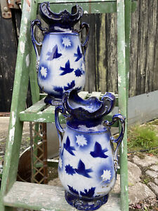 Pair Antique Edwardian AG Harley Jones Fenton Vase Urn Cobalt Blue White Trophy