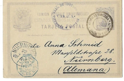 Venezuela: 1892; Postal Stationery, N° 3, to Germany, french mark, XF EBV874 - Image 1 of 2
