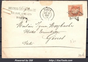 FRANCE N°31 SUR LETTRE POUR GENES ETOILE PLEINE + CAD DE PARIS DU 09/12/1871 - Picture 1 of 2