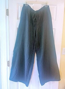 Women's Black Wide Leg Linen Slacks / Pants Elastic Waist Drawstring / Pockets - Picture 1 of 5