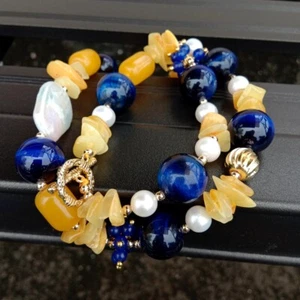 Freshwater White Pearl Natural Amber Blue Tiger Eye Choker Necklace Holiday - Picture 1 of 6