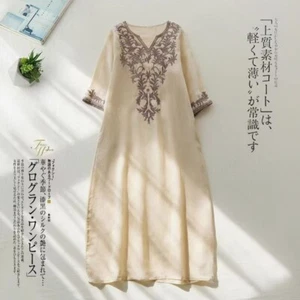 Summer new cotton and linen V-neck loose embroidered dress retro long skirt - Picture 1 of 9