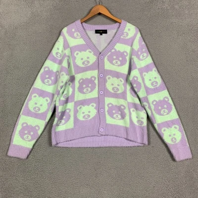 Teddy Fresh Cardigan Sweater Women's Medium Mint/Purple Check Bear Button Front - Image 1 of 4
