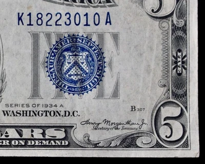 RARO Variedad $5 1934A LFP 307 Certificado de Plata K18223010A NUEVO SERIE BAJO # Foto 1 de 3