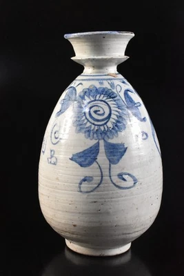 F4539: XF Coreano Dinastía Li Azul y Blanco Flor Muffle Pintura FLORERO Foto 1 de 4