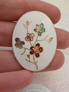 Vintage Brosche 80er Jahre Cloisonne goldfarben & weiße Emaille 5 cm x 3 cm - Bild 1 von 3