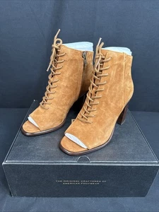 Frye Amy Lace Up Peep Toe Booties 5.5W Khaki Suede Block Heel Ankle Boots - Picture 1 of 7