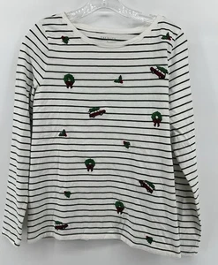 TALBOTS Green Stripe Embroidered Holiday Tee,Top Sz M - Picture 1 of 6