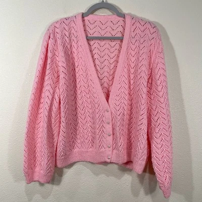 Vintage Pastel Pink Pearl Button Cardigan Sweater Dollette Coquette Soft Girl L - Image 1 of 4
