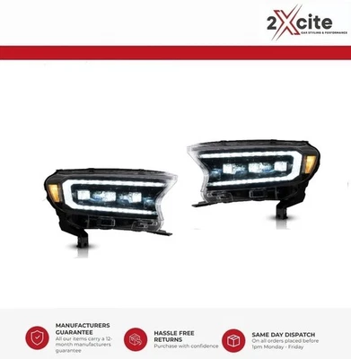 Ford Ranger T6 Raptor Wildtrak 2015-2021 Black Full LED DRL Lightbar Headlights - Image 1 of 4