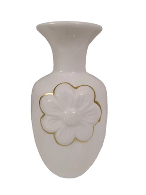 White Vase 6"x3" with a Raised Flower Outlined in Gold, NEW - Image 1 of 2