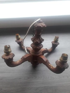 Vintage Carved Wooden Four Branch Ceiling Light - Picture 1 of 7