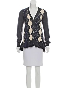 Sacai Argyle Wool Sweater Chiffon Trim Blue/Grey/Cream L - Picture 1 of 3