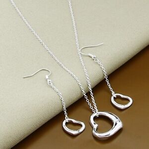 Womens 925 Sterling Silver Heart Pendant Necklace Earrings Sets Fashion Jewelry