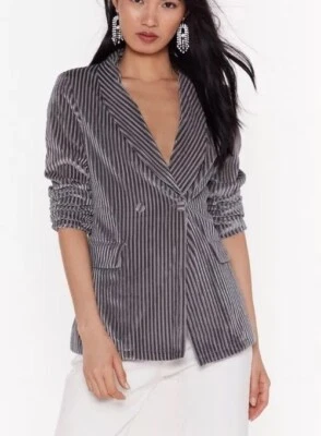 Velvet Jacket Stripe Retro Silver Grey Longline Showman Size 8 Nasty Gal NEW  - Image 1 of 4