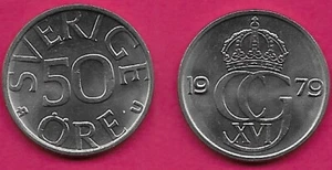 SWEDEN 50 ORE 1979-U UNC CARL XVI GUSTAF,CROWNED MONOGRAM DIVIDES DATE,VALUE,Obv - Picture 1 of 1
