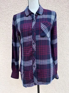 RAILS Hunter Shirt Womens Small Button Down Plaid Black Merlot White Soft Rayon - Picture 1 of 14