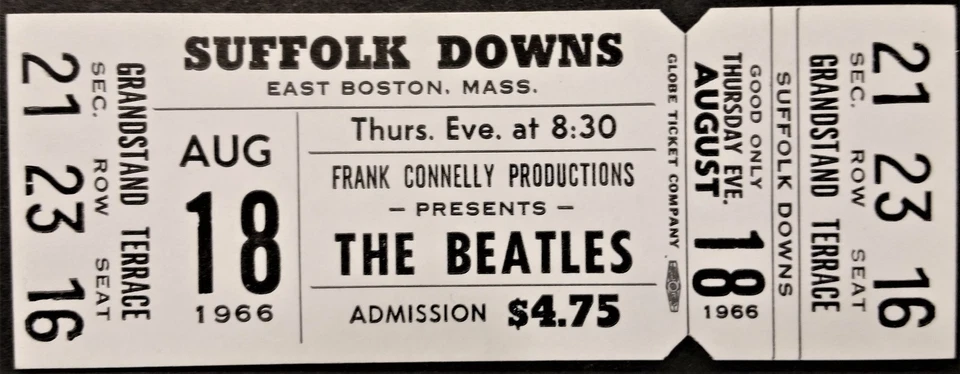 BEATLES - 1966 - FULL & UNUSED ORIGINAL CONCERT TICKET - BOSTON - SUFFOLK DOWNS  - Image 1 of 1