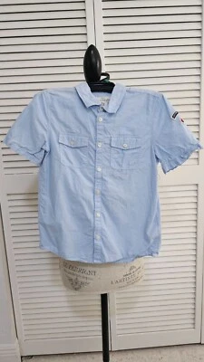 H&M Boy's L.O.G.G. Blue short sleeve Button Down Shirt Preowned Size 9-10 Cute! - Image 1 of 4