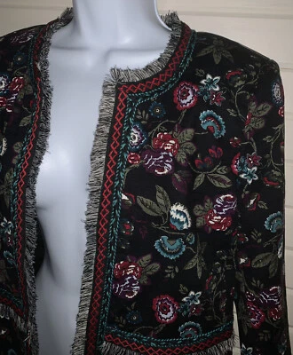 Jaqueta Blazer Loft Tamanho 6 Preta Floral Franja Tapeçaria Frente Aberta Preta Vermelha Excelente Estado Usado - Imagem 1 de 4