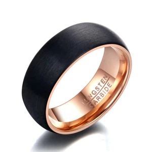 Men's Black Brushed Tungsten Steel Band 18K Rose Gold Engagement Ring Size 7-12 - Picture 1 of 7