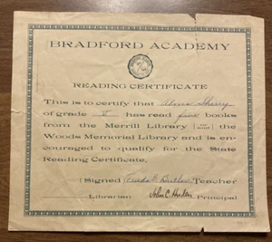 Certificado de lectura del Premio Escolar de la Academia Bradford de 1930 Vermont VT firmado P7b - Imagen 1 de 17