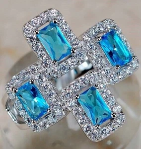 Anillo de plata de ley 925 aguamarina y topacio blanco de 2 quilates talla 7 G2-1 - Imagen 1 de 2