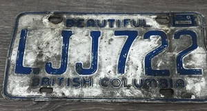 Vintage 1974 Beautiful British Columbia White/Blue Vehicle License Plate LJJ-722 - Picture 1 of 6