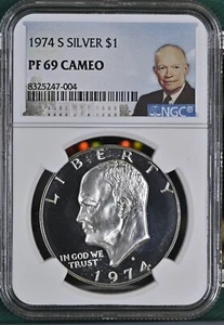 1974 S Silver Eisenhower Dollar $1 NGC PF 69 Cameo - Picture 1 of 2