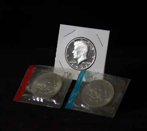 1977 P D S Kennedy Half Dollars, S Proof, P/D BU Coins in US Mint Set Cello Cover